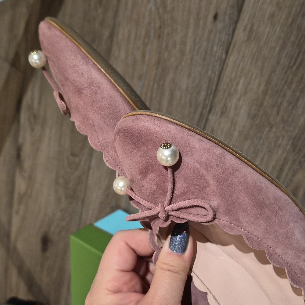 kate spade mauve pink suede scalloped ballet flats with pearl bow - Picture 6 of 10